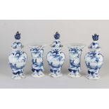 Five-piece 18th century Delft garniture, H 16 - 23 cm.