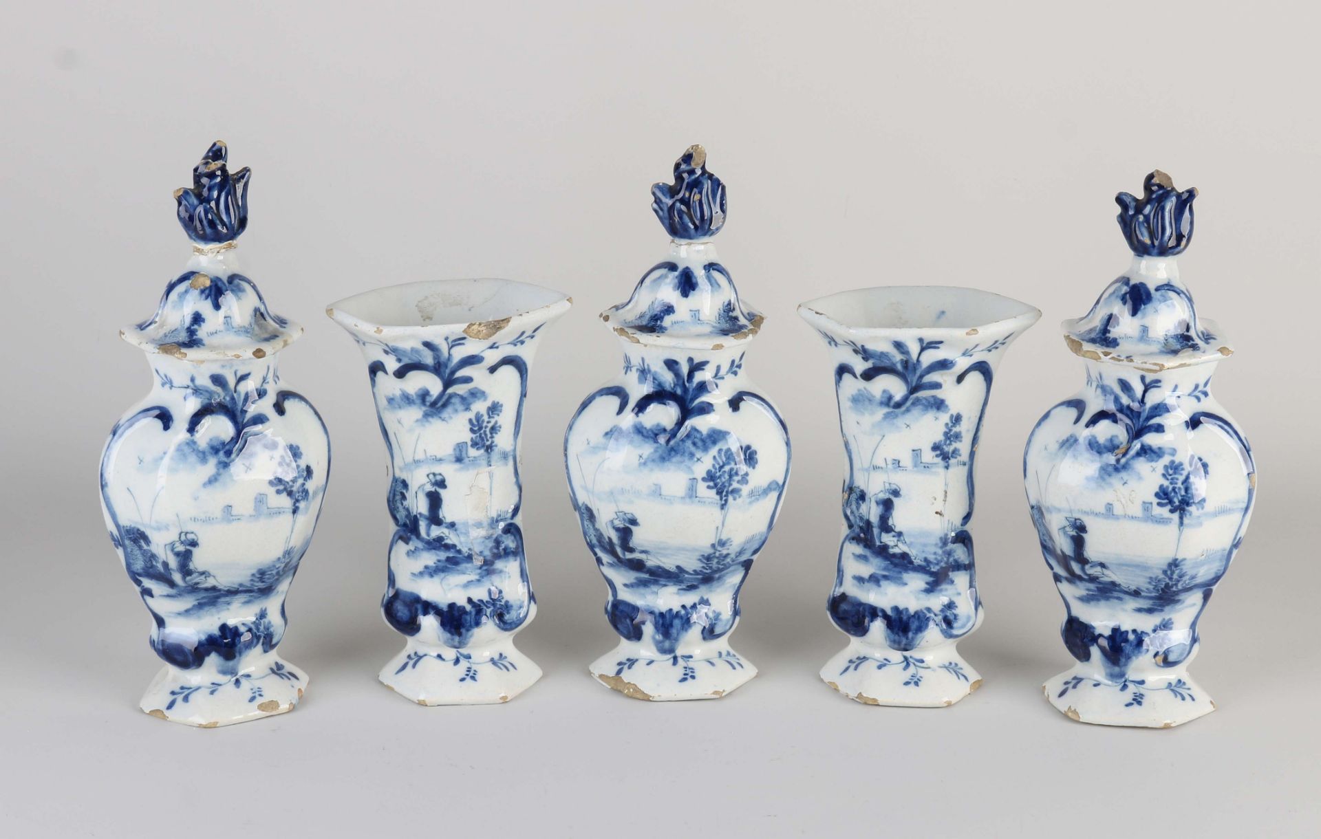 Five-piece 18th century Delft garniture, H 16 - 23 cm.