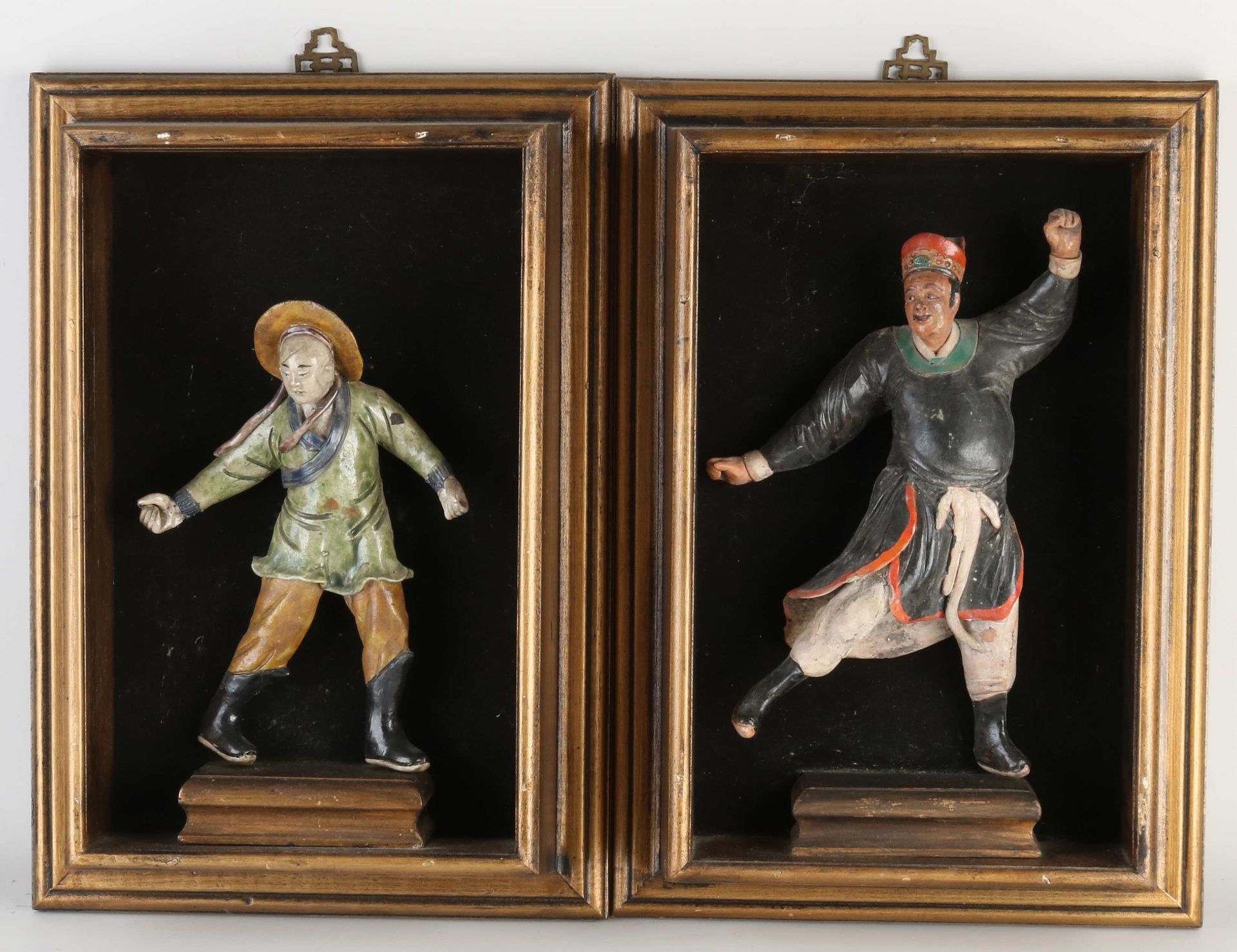 Two antique Chinese temple figures in shadow box