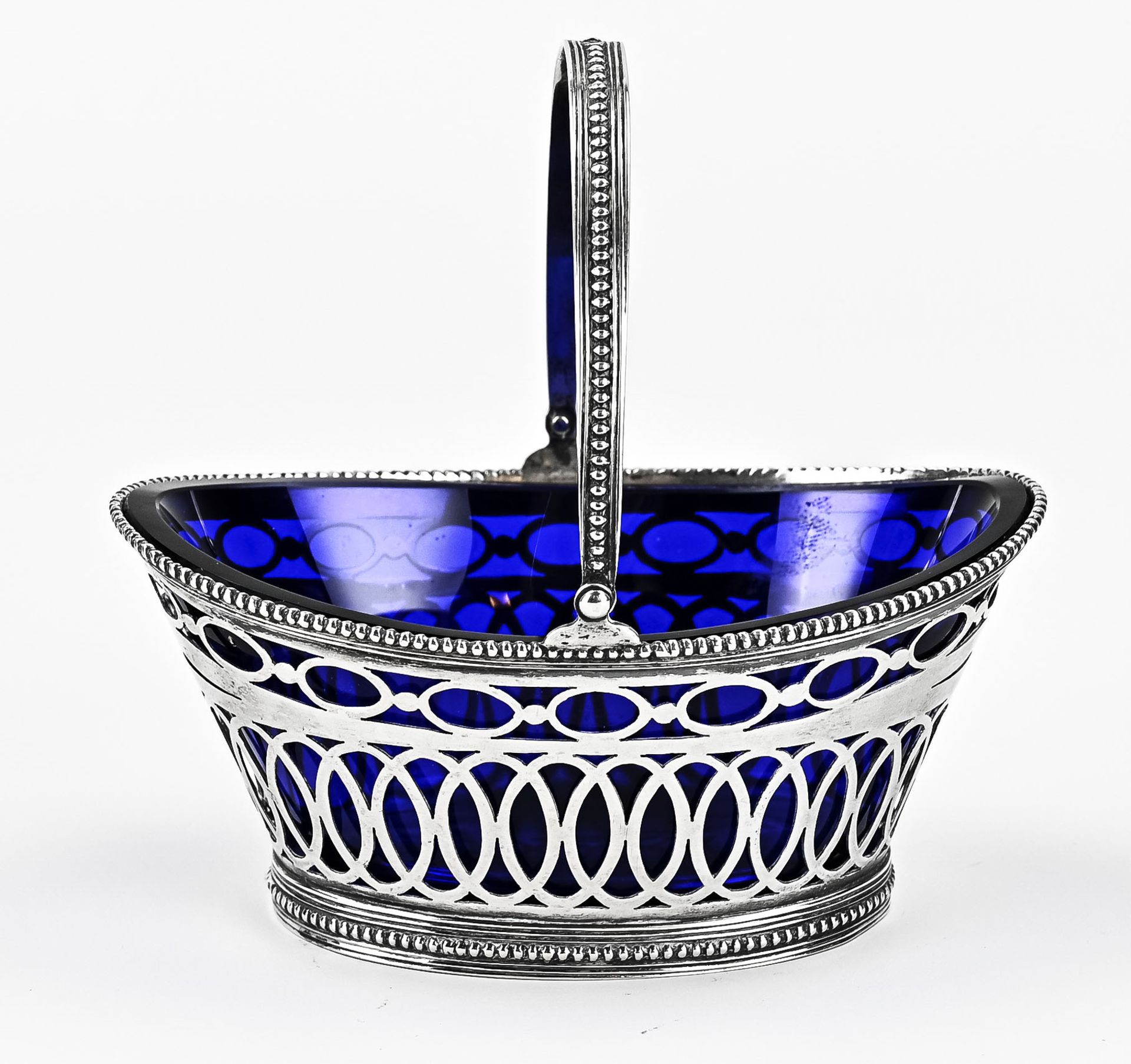 Silver basket with blue glass