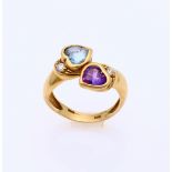 Gold ring with heart amethyst and spinel