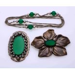 Silver brooch, chain and pendant with green stone