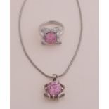 Silver necklace & ring pink stone