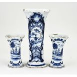 Three 18th century Delft vases, H 14 - 24 cm.