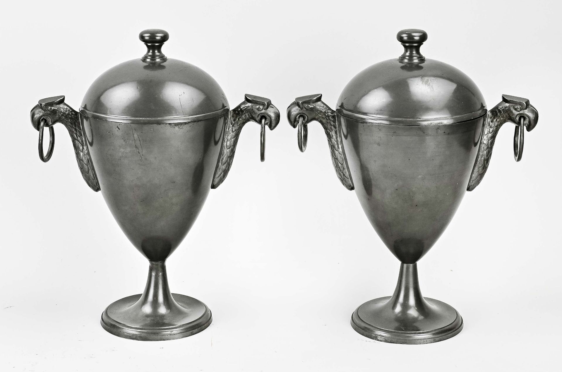 Two antique pewter chestnut vases, H 29 cm.