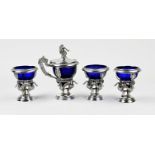 Silver table set with blue glass, 4x