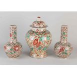 Antique three-piece Chinese Wucai garniture, H 21.5 - 26.5 cm.