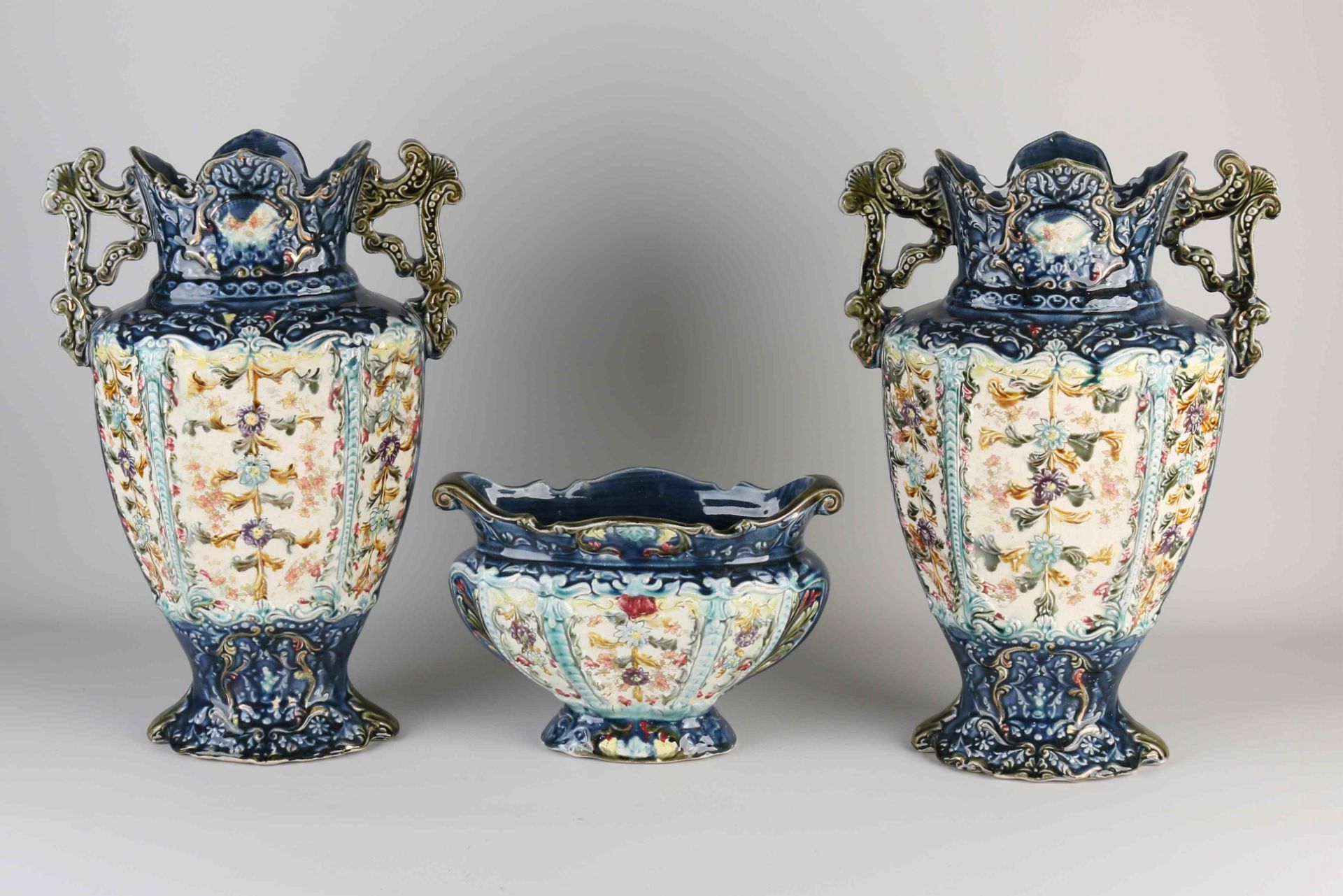 Set of three antique majolica vases, 1900