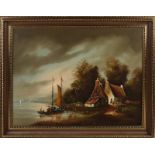 Unsigned, River view with farm, boats and figures