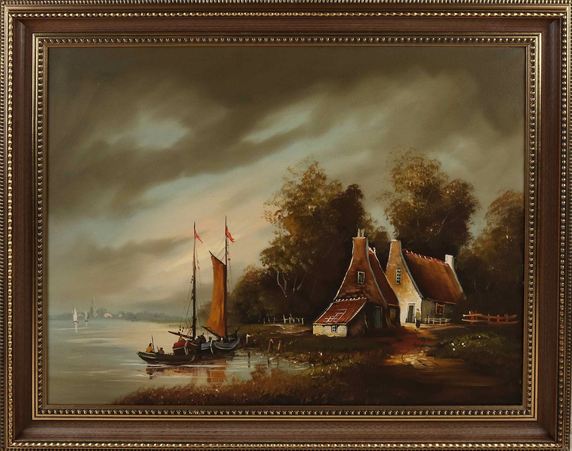 Unsigned, River view with farm, boats and figures