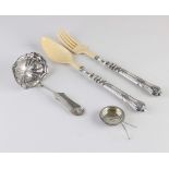 Silver sugar caster, salad cutlery and tea strainer