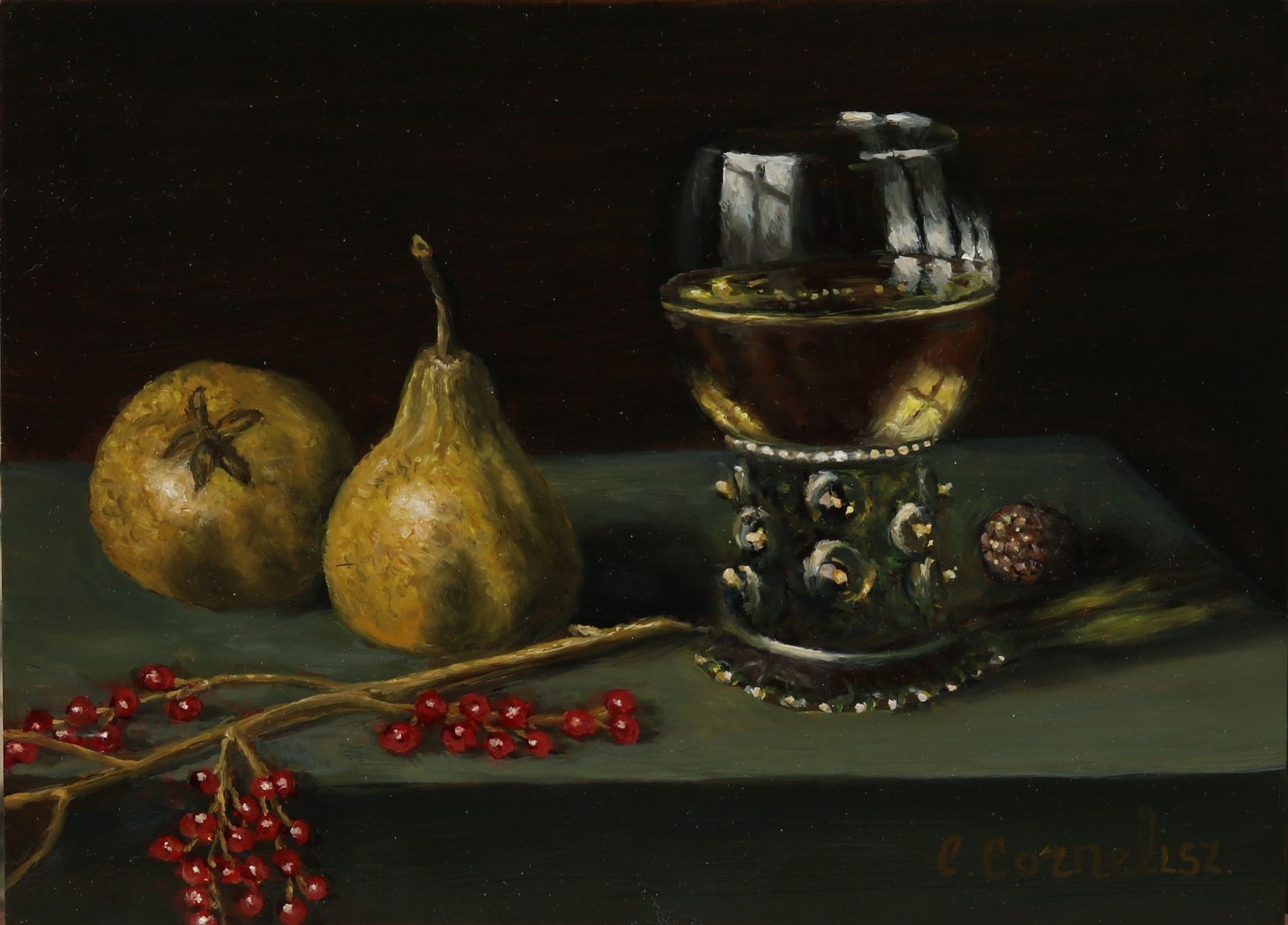 C. Cornelisz, Still life with Roemer, pear, blueberries and pomegranate