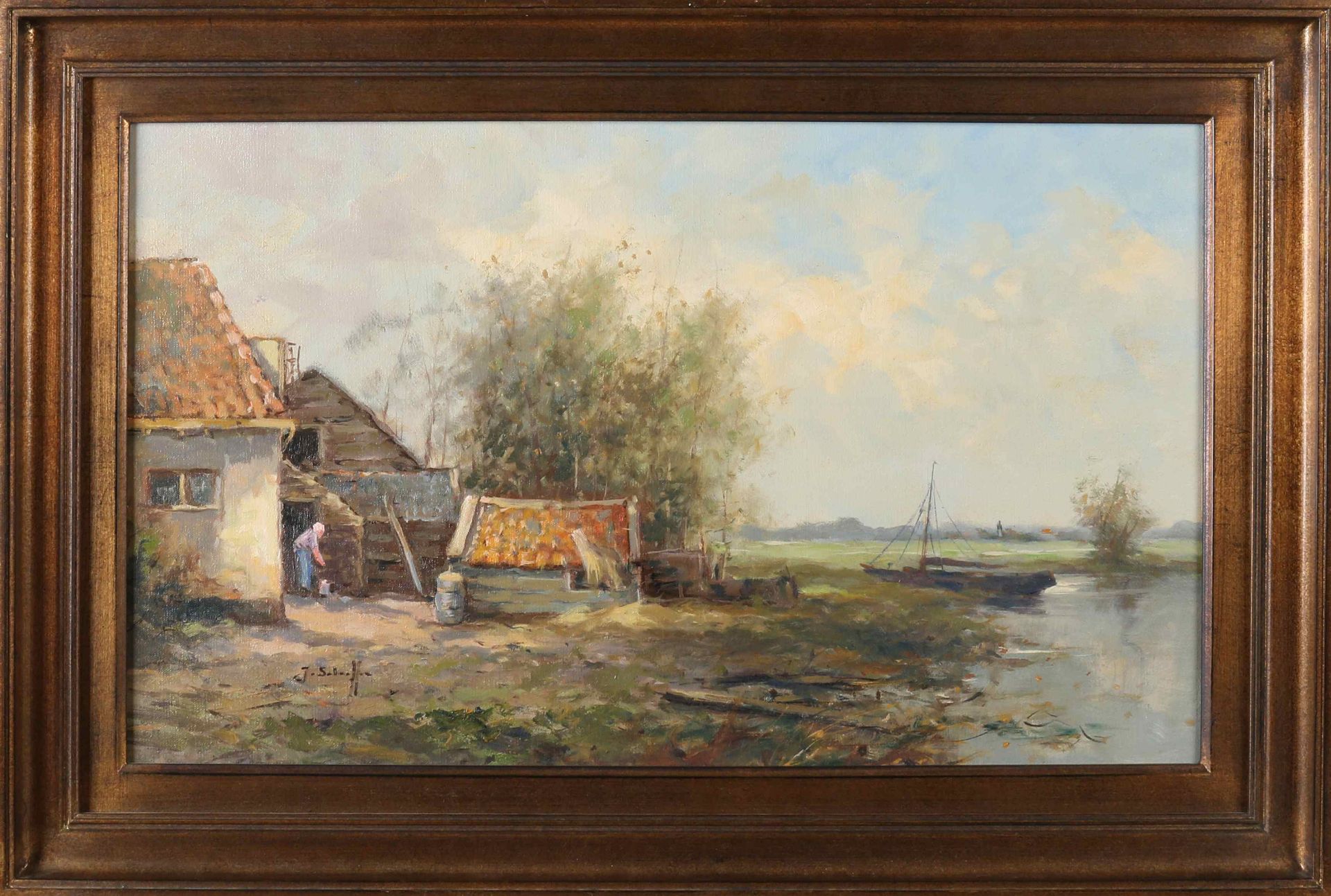 Jan Schaeffer, Landscape with Farm, Boat and Peasant Woman