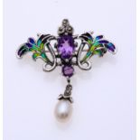 Silver brooch/pendant with amethyst and pearl
