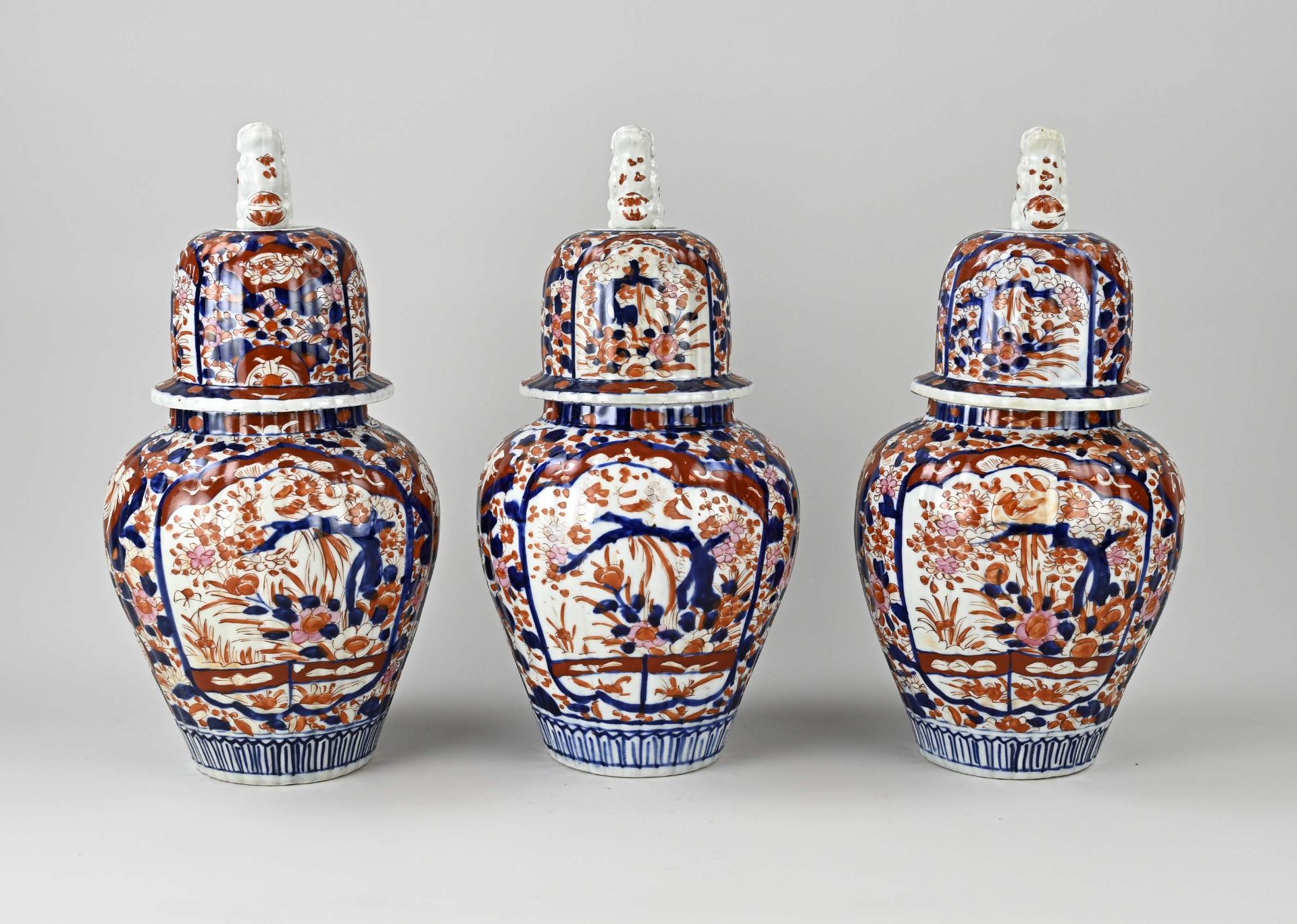 Three Japanese Imari lidded pots, H 37 cm.