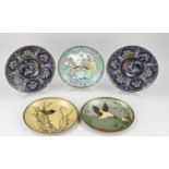 Five Japanese cloisonné plates Ø 22-24 cm.