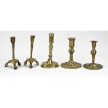 Five antique candlesticks