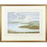 Richard Robjent , Water landscape with flying ducks