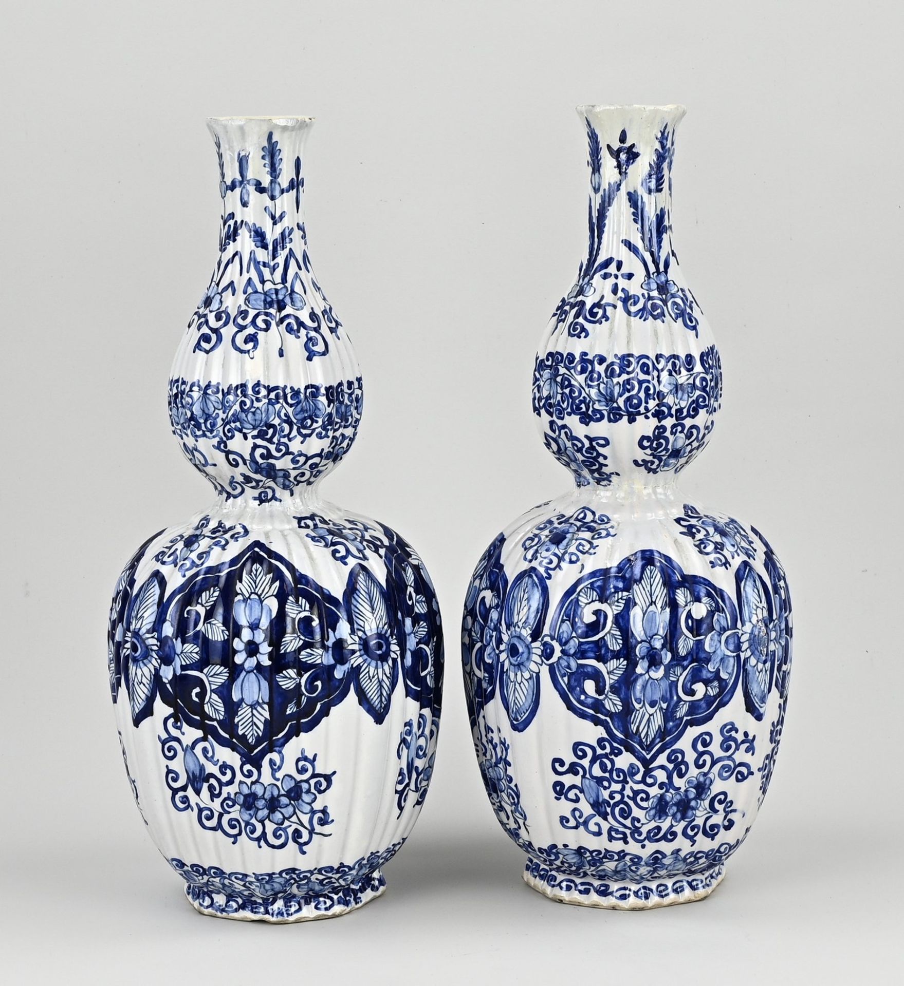 Two antique Delft knob vases, H 36 cm.