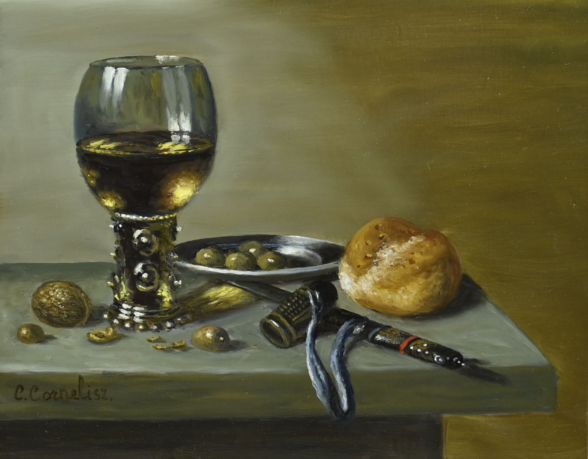 C. Cornelisz , Still life with Roemer, bread, walnut etc.