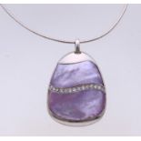 Silver necklace and pendant with purple enamel