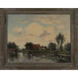 Pieter de Regt, Lake view with water lilies and farm