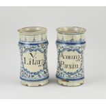 Two 17th - 18th century Albarello's, H 22 x Ø 12 cm.