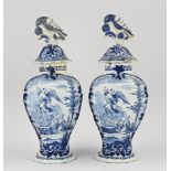 Two 18th century Delft vases with lids, H 39 cm.