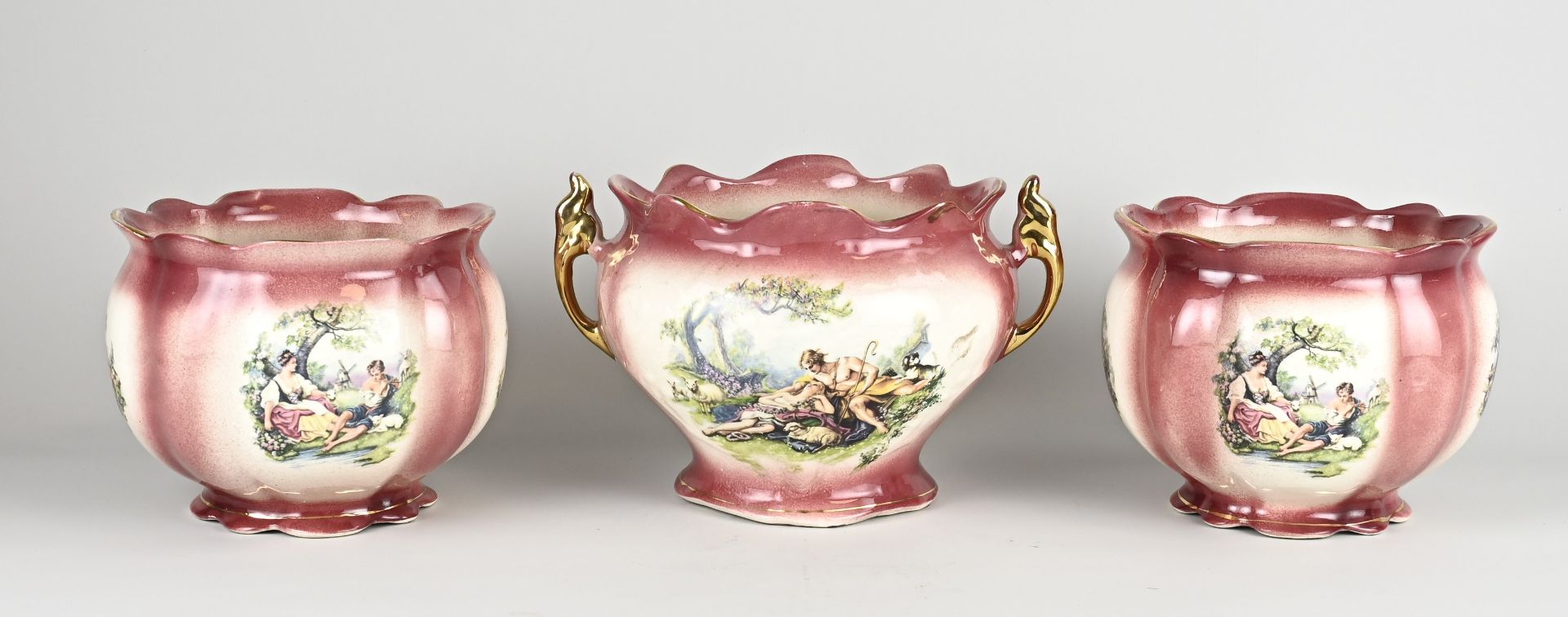 Three English majolica flower pots