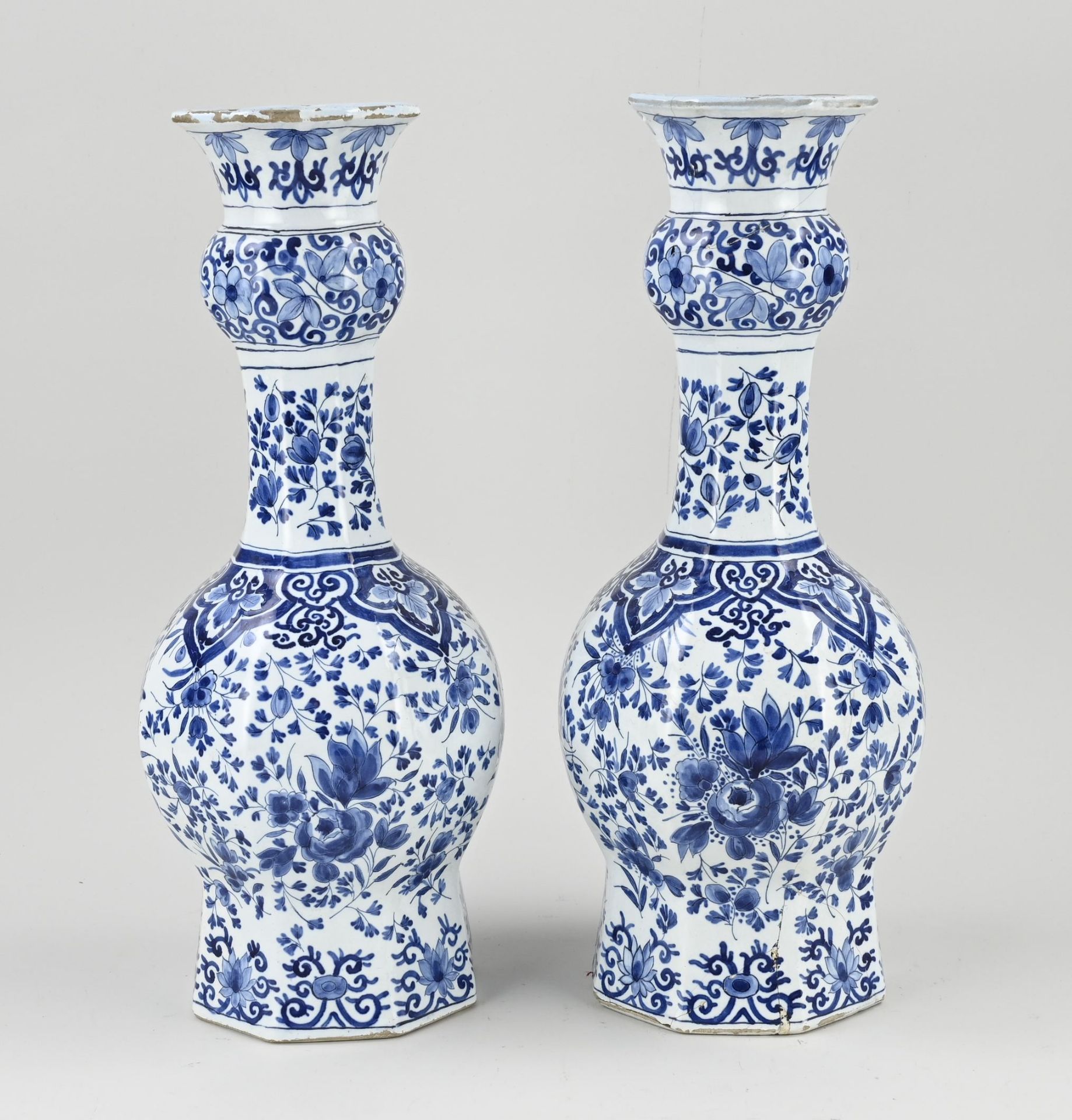 Two 18th century Delft knob vases, H 40 cm.