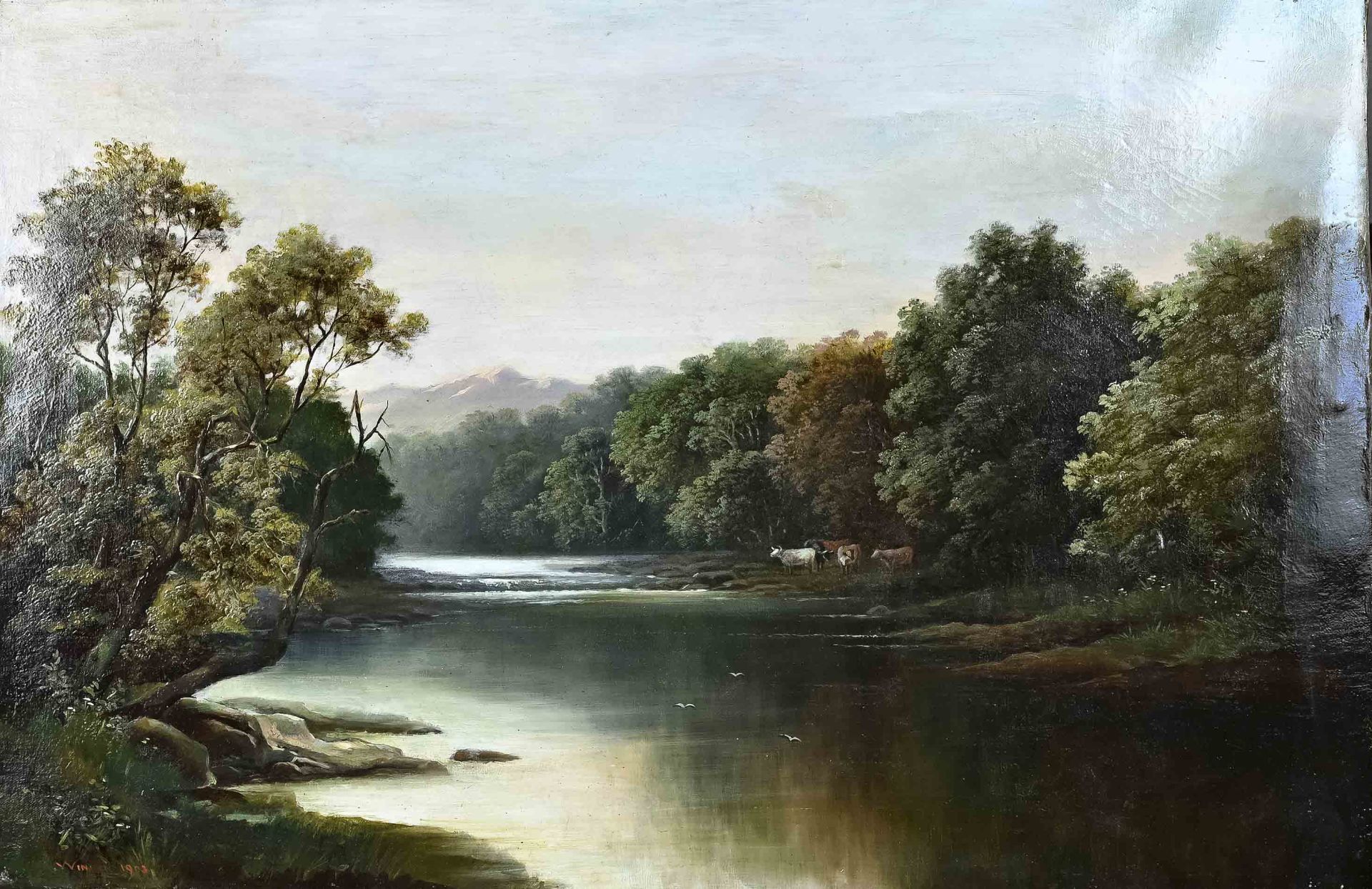 M. Winder, Riverview with cows along the riverside