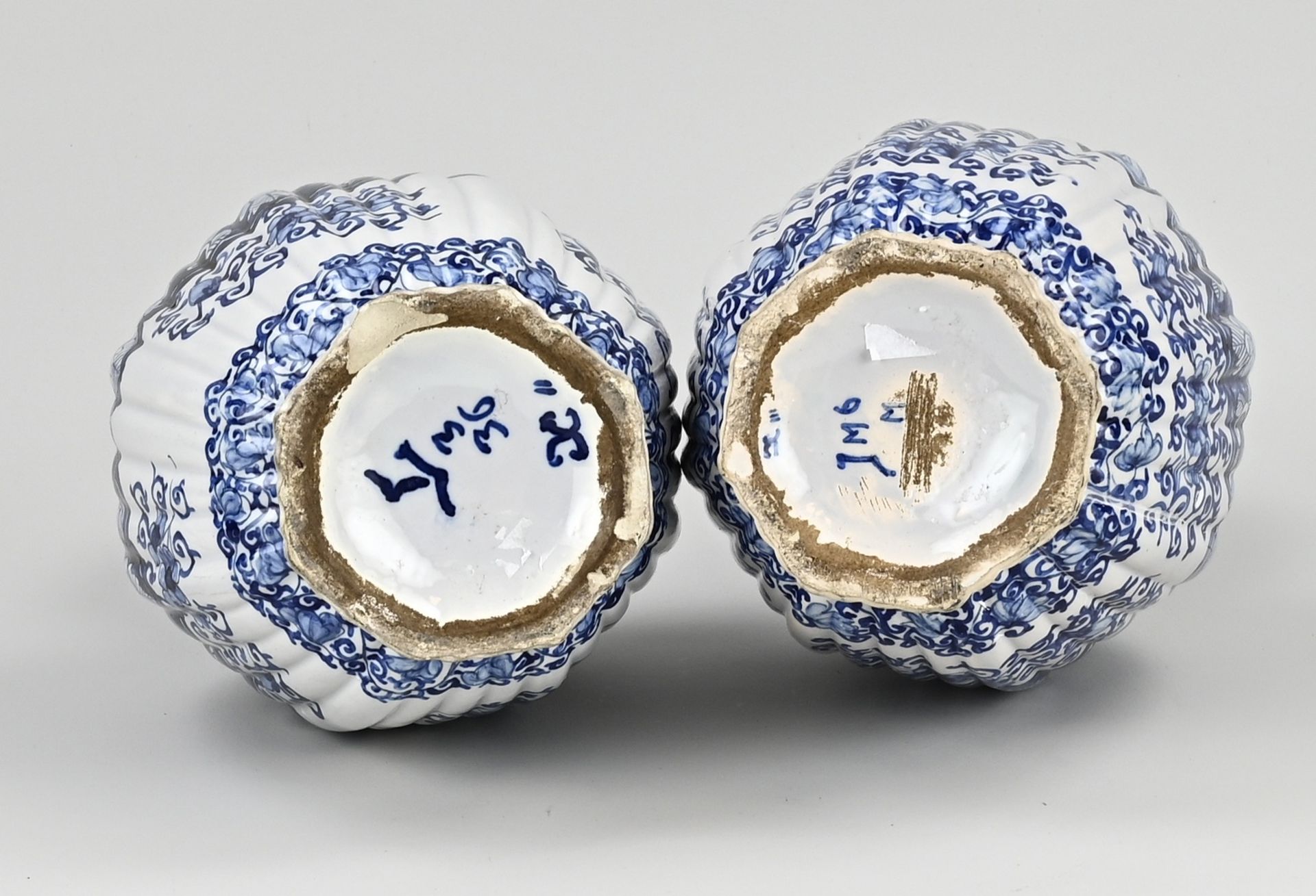 Two antique Delft knob vases, H 36 cm. - Image 2 of 2