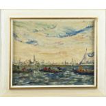 Unclear. signed ., Harbor view with ships