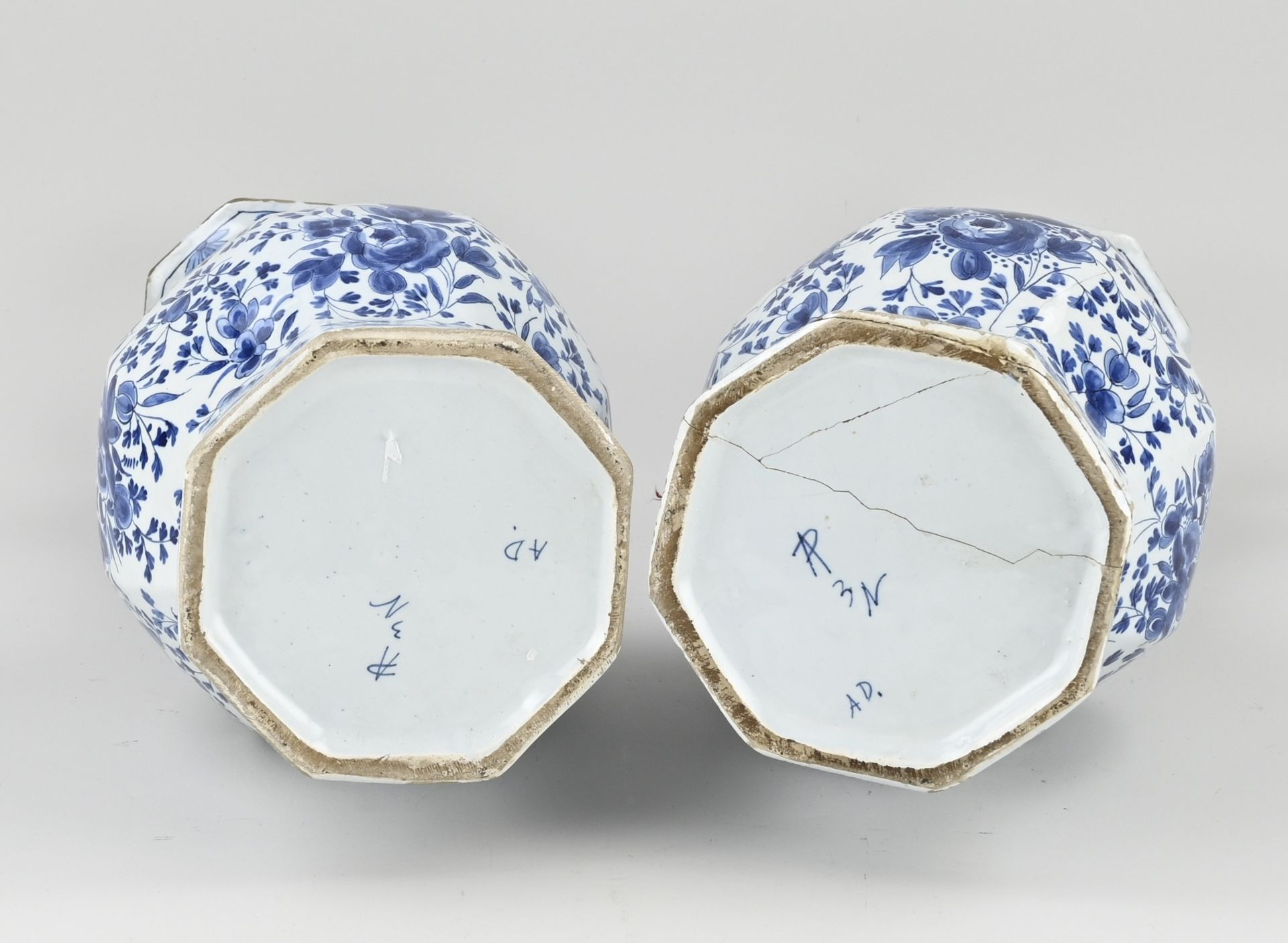 Two 18th century Delft knob vases, H 40 cm. - Image 2 of 2