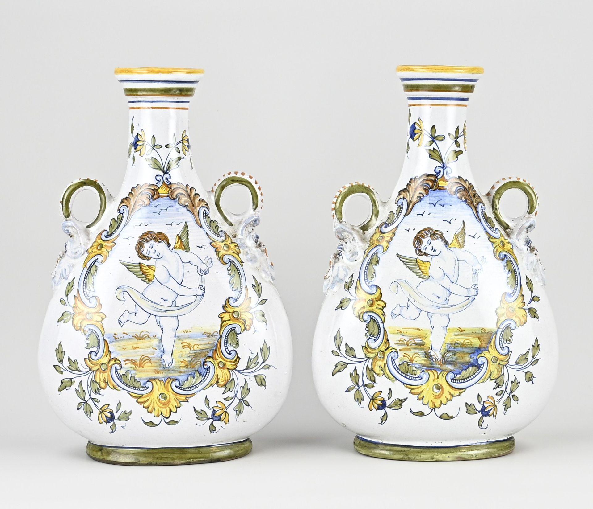 Two Fayence ear vases, H 33 cm.