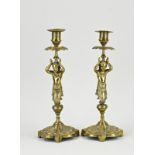 Two antique brass candlesticks, H 30 cm.