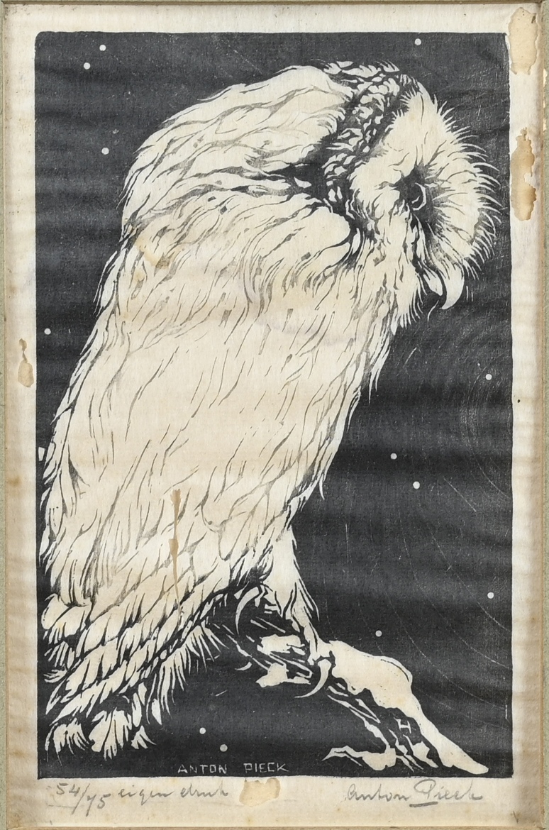 Original woodcut Anton Pieck, Owl on branch