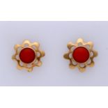 Gold ear studs with red coral