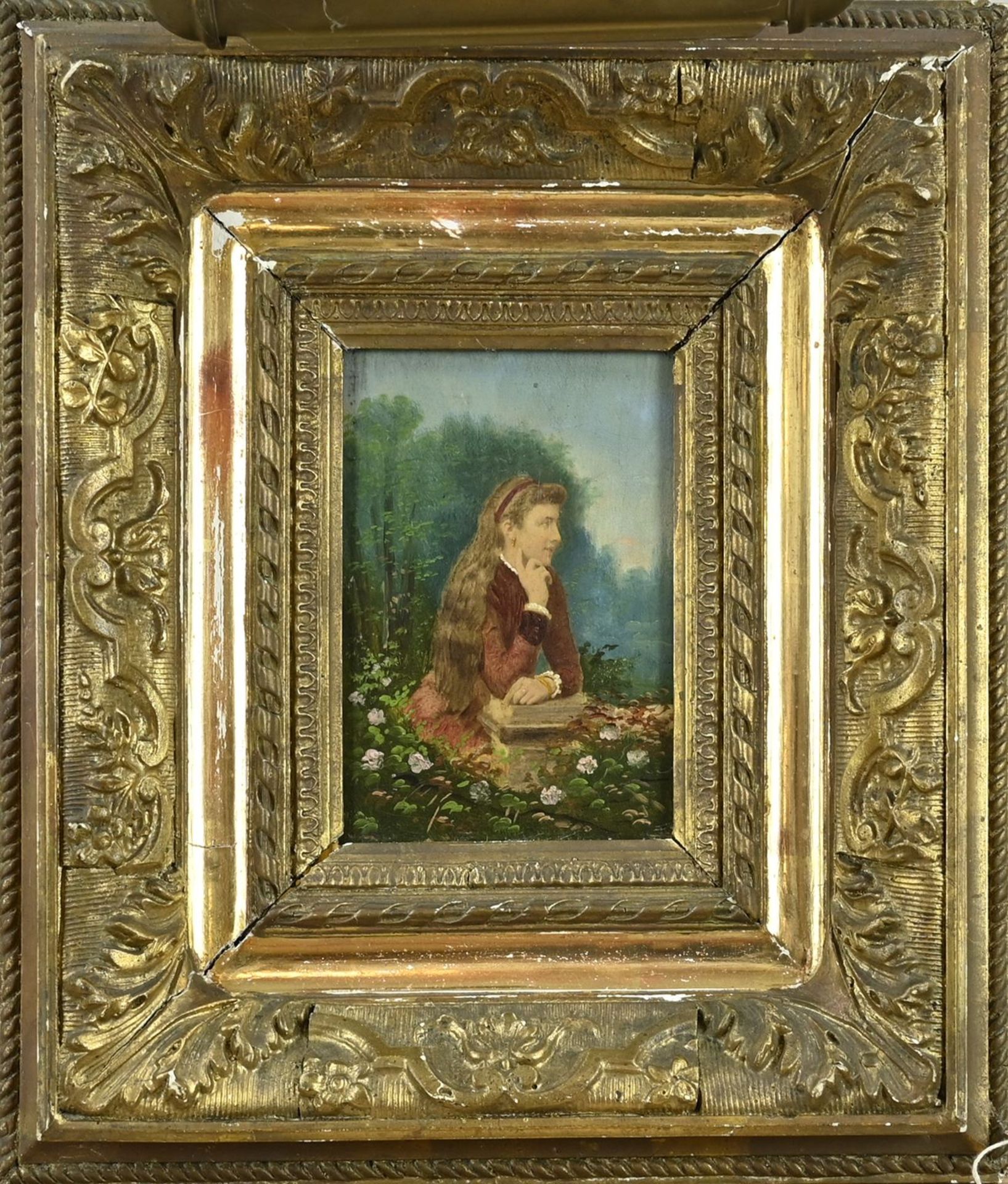 Unsigned, Girl with books in flower garden