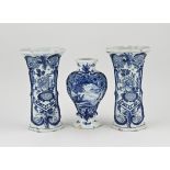 Three 18th century Delft vases, H 20 - 23 cm.