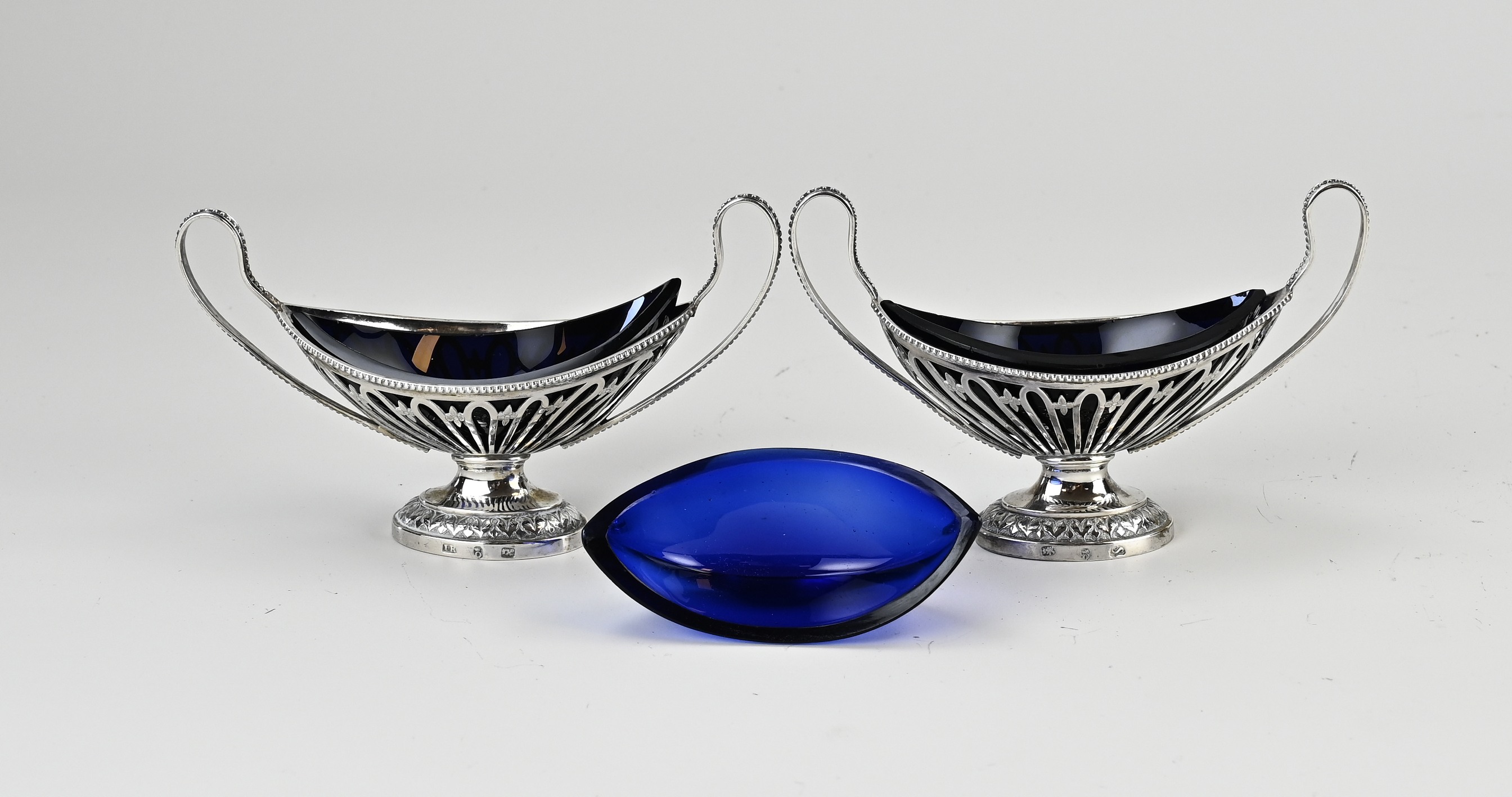 2 Silver spice trays with blue glass