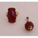 Gold carnelian pendant and ring