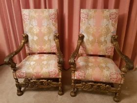Pair of Large Gothic Throne Chairs in gilt painted Walnut, designed in the 17th Century Style
