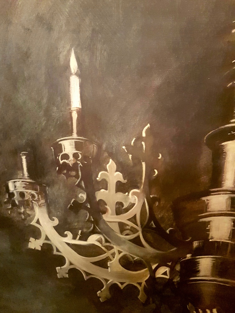 Very large oil on canvas of a Gothic Candelabrum after The Arnolfini Wedding by Jan Van Eyck. - Image 4 of 6