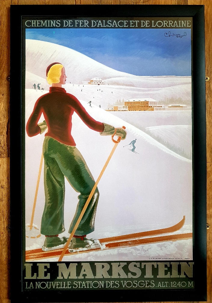 Large framed and glazed print of a vintage French ski poster for Le Markstein, 27 inches x 42 inches