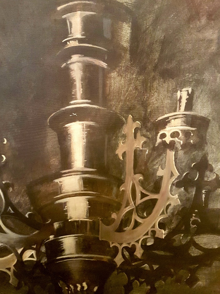 Very large oil on canvas of a Gothic Candelabrum after The Arnolfini Wedding by Jan Van Eyck. - Image 3 of 6