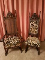 Pair of Large American Lodge Masonic Chapter Chairs, with carved crest rails and upholstered seats