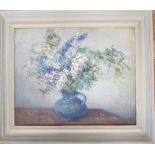 Original Oil by Robert "Dickie" Cairns titled Flowers in Blue Jug with gallery label to reverese.
