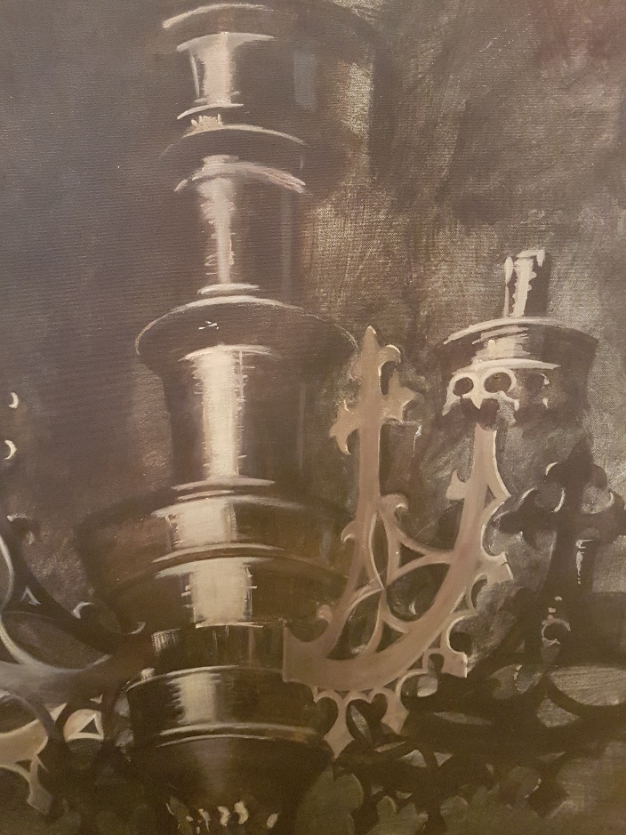 Very large oil on canvas of a Gothic Candelabrum after The Arnolfini Wedding by Jan Van Eyck. - Image 5 of 6