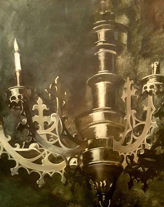 Very large oil on canvas of a Gothic Candelabrum after The Arnolfini Wedding by Jan Van Eyck. - Image 2 of 6